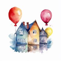 Drie huizen met ballonnen erboven als symbool voor huisaankoop